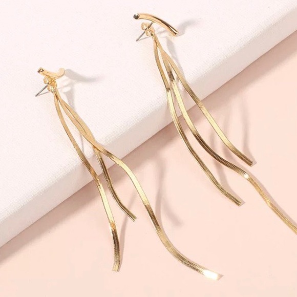 NEW 18K YELLOW GOLD BAR LONG TASSEL EARRINGS - Picture 9 of 9